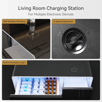 Black smart coffee table with 15w wireless charging, multifunction music speaker, five-speed dial, and mini refrigerator