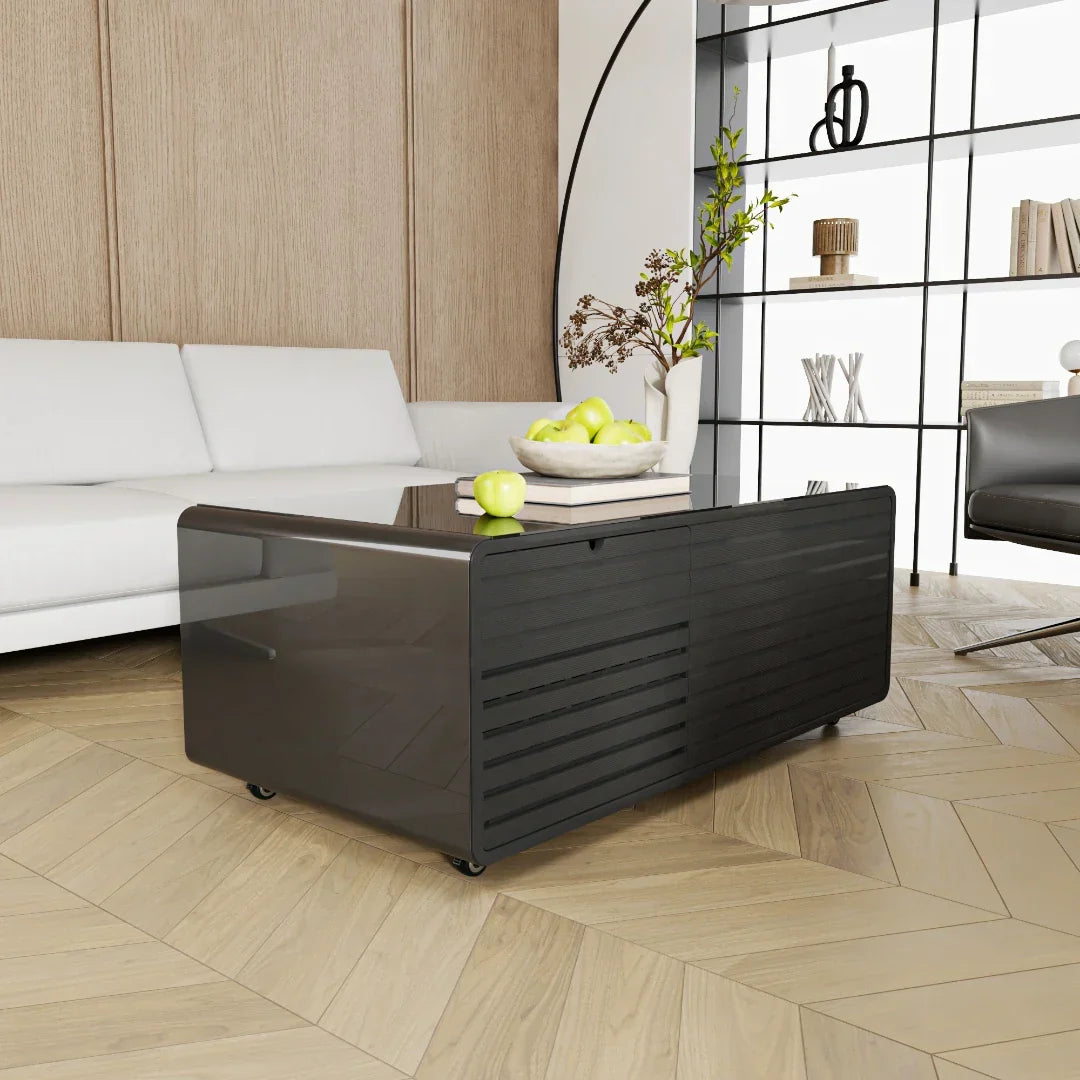 Glossy black smart coffee table with sleek modern design, horizontal slats, multifunction music speaker, and charging mini refrigerator