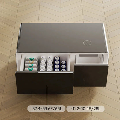 Modern minimalist smart coffee table in matte black and silver with multifunction music speaker and charging mini refrigerator compartments