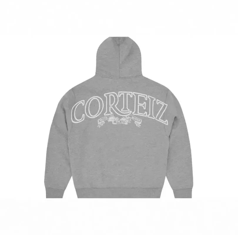 Gray corteiz hoodie with white embroidered lettering and banner design on back for harajuku hip hop men suit y2k style