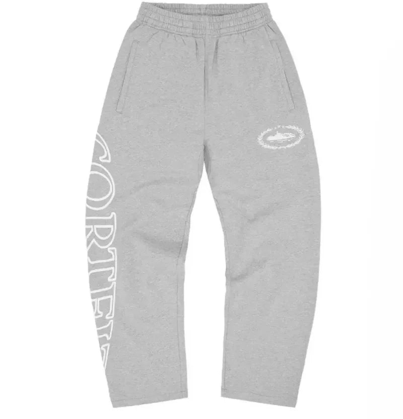 Gray heathered sweatpants with white vertical lettering and logo, designed for men suit y2k harajuku hip hop style and retro hoodies couple sets