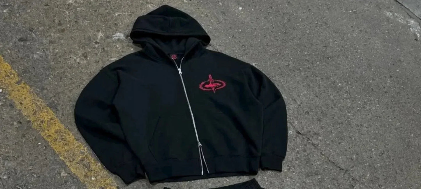 Black zip-up hoodie with red embroidered logo on chest for harajuku hip hop men suit y2k retro hoodies couple style