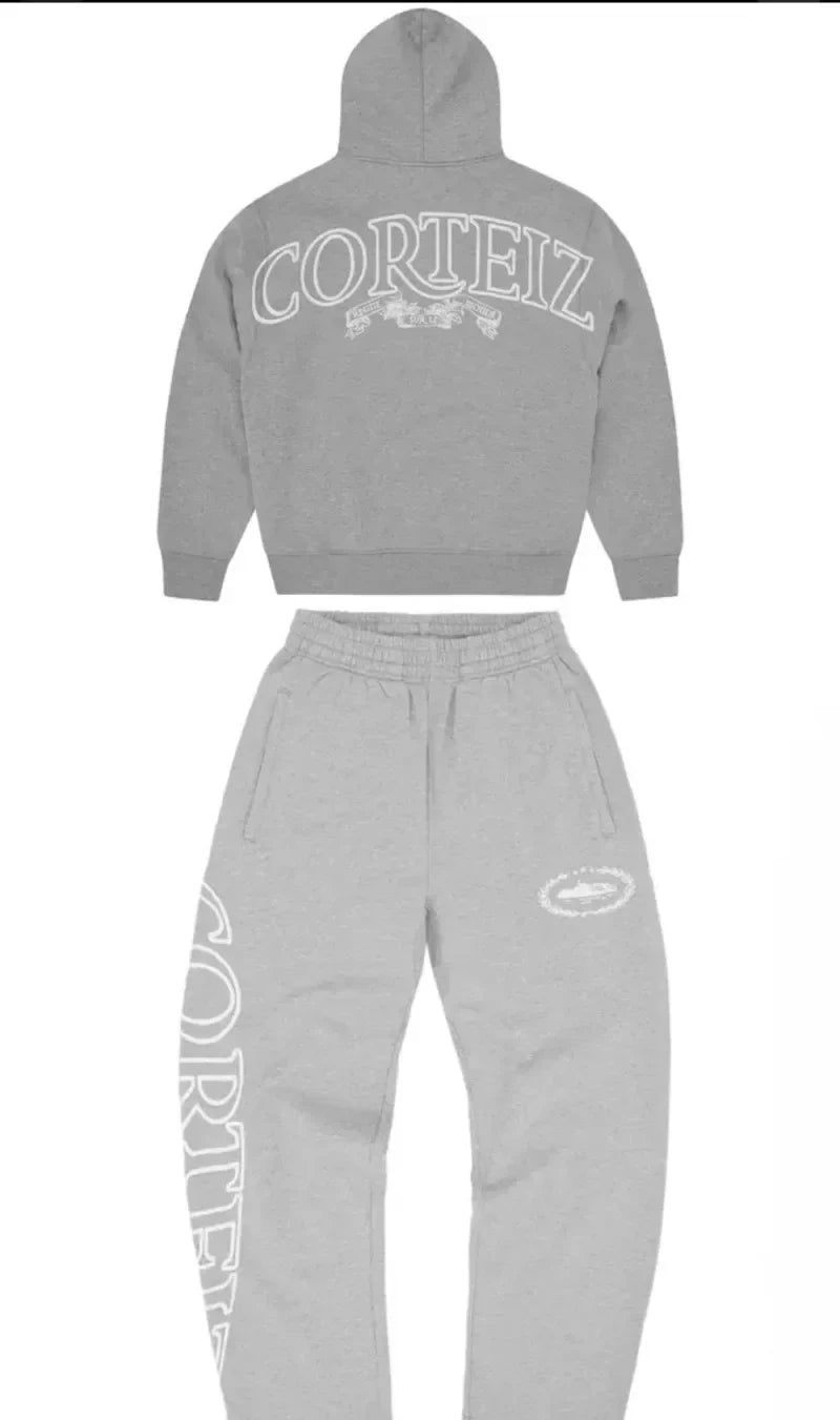Gray corteiz men suit y2k hoodie and sweatpants set with white embroidered branding for harajuku hip hop style retro hoodies couple