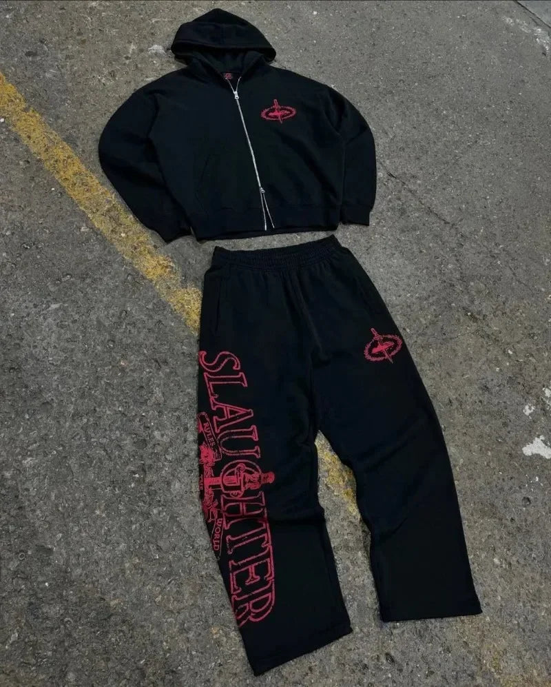 Black hoodie and sweatpants set with red embroidered logos in men suit y2k style for harajuku hip hop and retro hoodies couple