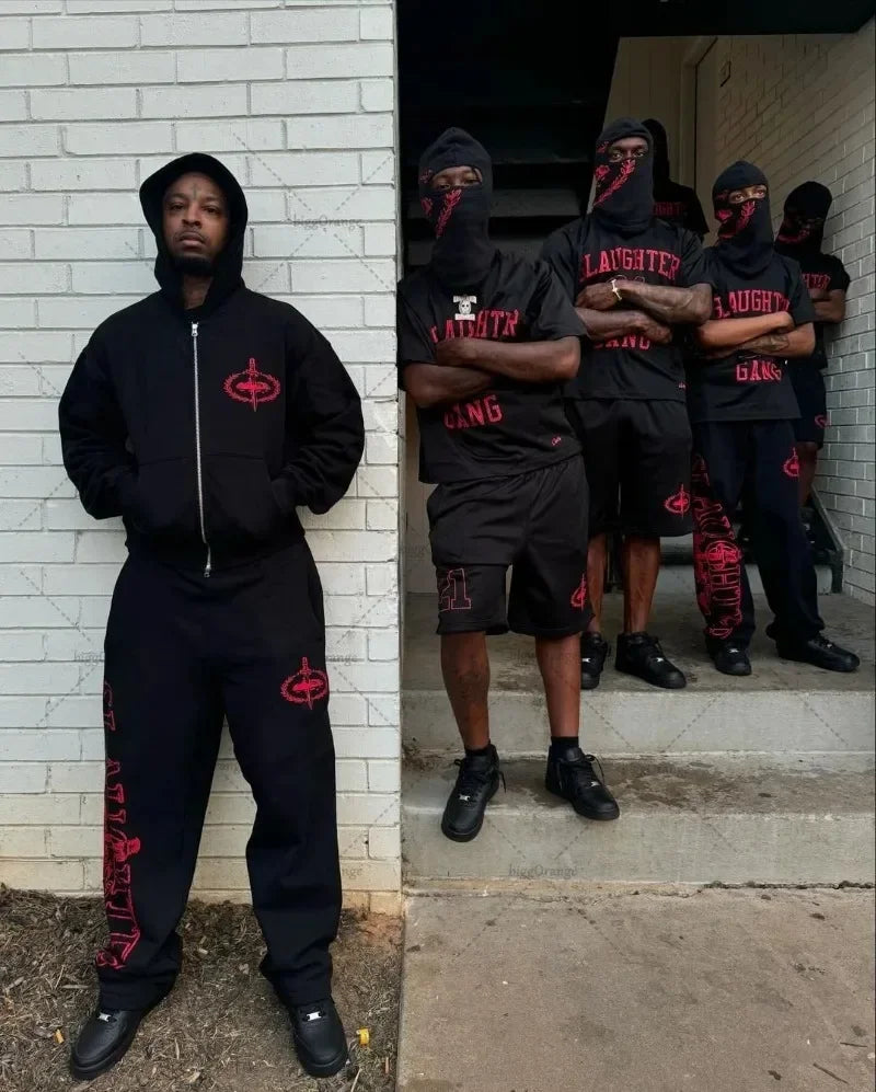 Black tracksuit with red embroidered logos and text in 2025 harajuku hip hop men suit y2k retro hoodies couple style