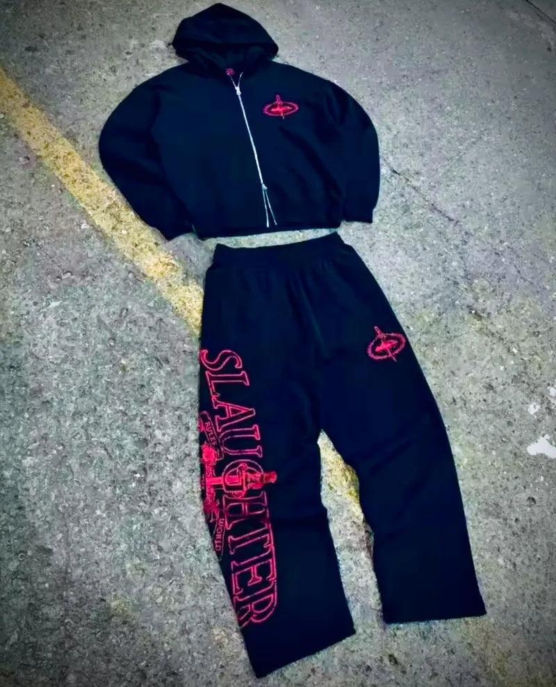 Black hooded sweatshirt with red embroidered logo and matching black pants with pink slaughter lettering men suit y2k harajuku hip hop