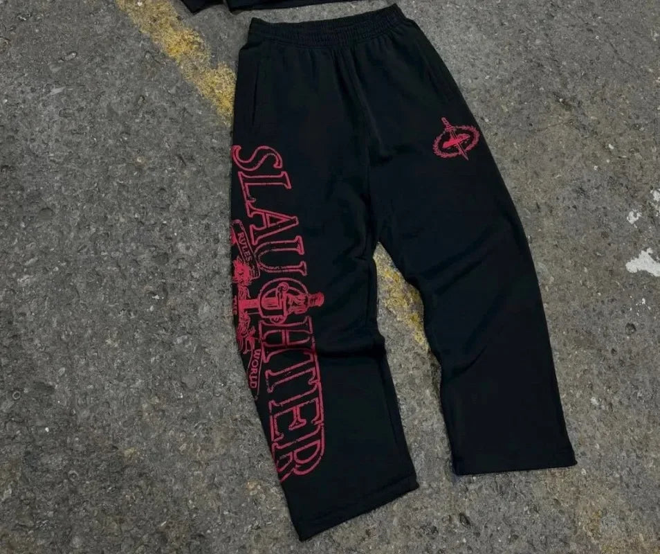 Black sweatpants with bold red slaughter lettering and matching logo ideal for harajuku hip hop men suit y2k fashion