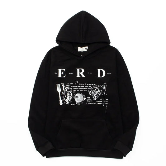 Black high street retro hoodie with white graphic print on vintage loose fleece trendy hooded sweatshirt design