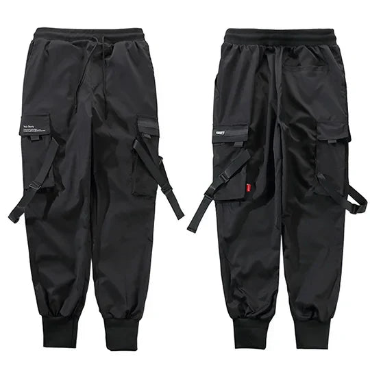 Black swag ribbion harem cargo pants pockets for men streetwear harajuku with multiple pockets and adjustable straps