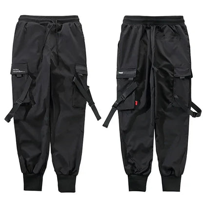 Black swag ribbion harem cargo pants pockets for men streetwear harajuku with multiple pockets and adjustable straps