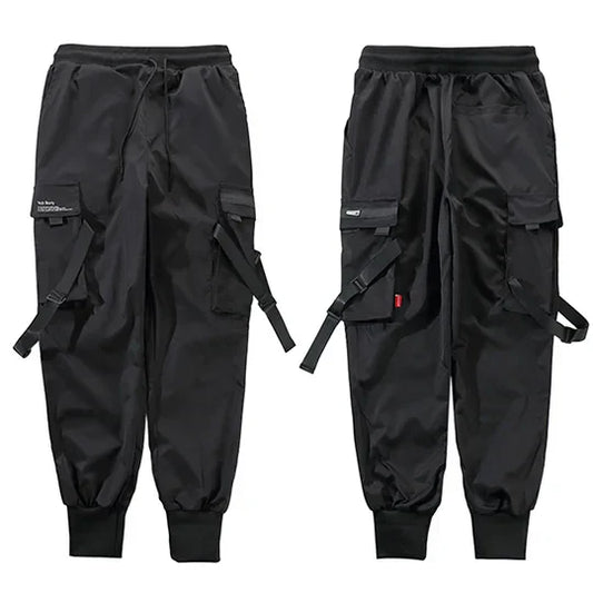 Black swag ribbion harem cargo pants pockets for men streetwear harajuku with multiple pockets and adjustable straps