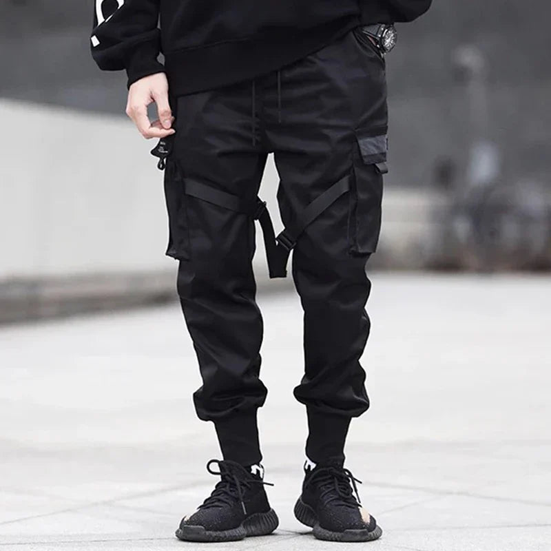 Black men streetwear harajuku cargo pants pockets with adjustable drawstrings swag ribbion harem casual trousers
