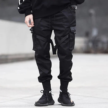 Black men streetwear harajuku cargo pants pockets with adjustable drawstrings swag ribbion harem casual trousers