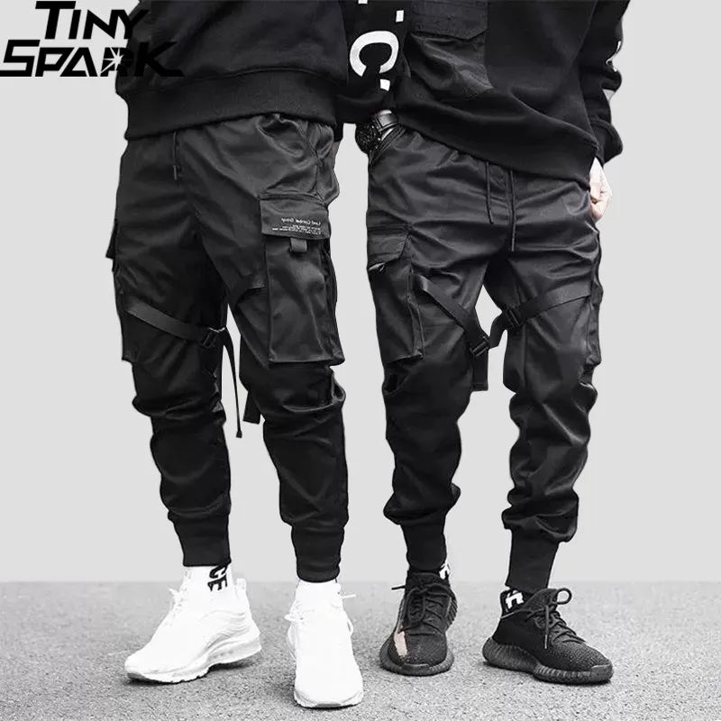 Black men streetwear harajuku cargo pants with multiple pockets and swag ribbion harem adjustable straps joggers