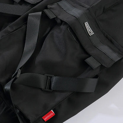 Black tactical cargo pants with reinforced stitching and adjustable straps for men streetwear harajuku swag ribbion harem style