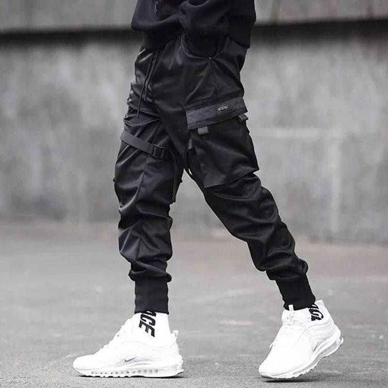 Black tactical men streetwear harajuku cargo pants pockets with adjustable swag ribbion harem drawstrings for casual use