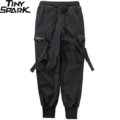 Black cargo pants pockets with drawstring waistband and side adjustable straps for men streetwear harajuku swag ribbion harem style