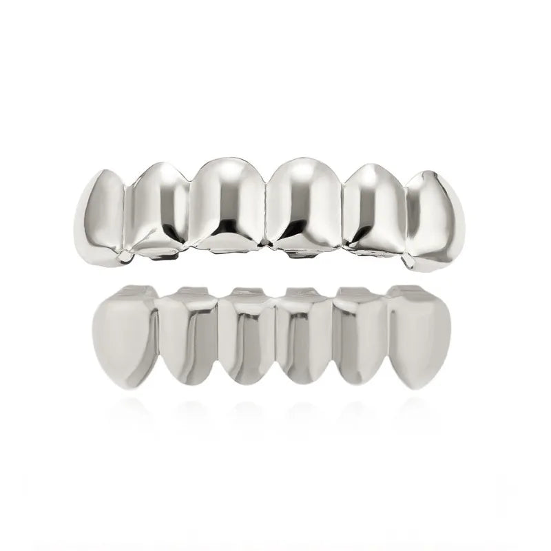 Shiny silver metal hop tooth grillz with polished reflective finish and geometric teeth for women parties halloween costume rapper accessories