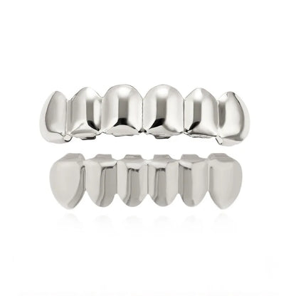 Shiny silver metal hop tooth grillz with polished reflective finish and geometric teeth for women parties halloween costume rapper accessories