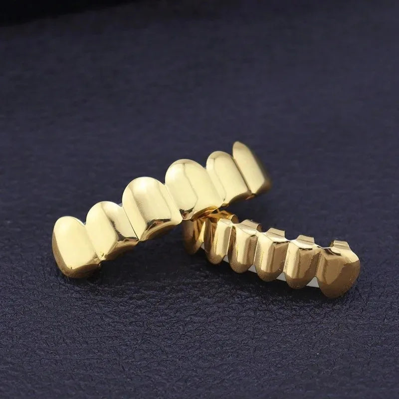 Gold-colored shiny metal hop tooth grillz with polished finish for women parties halloween costume rapper accessories