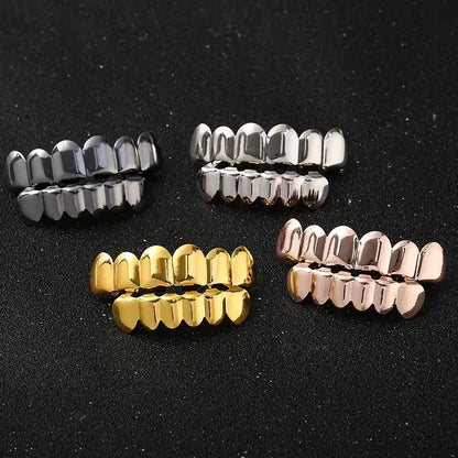 Set of four metallic hop tooth grillz in silver gold and rose gold with glossy finish for women parties halloween and rapper accessories