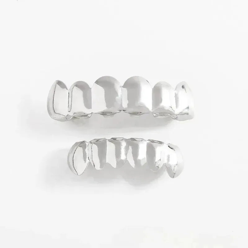 Shiny silver metallic hop tooth grillz with polished reflective finish for women parties halloween and costume rapper accessories