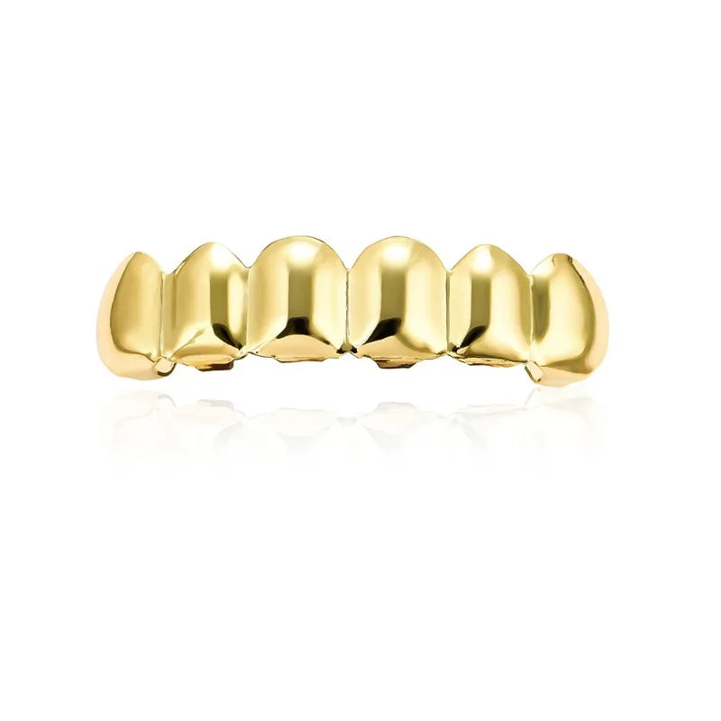 Gold-plated hop tooth grillz with polished reflective surface and rounded rectangular teeth for costume rapper accessories and women parties halloween