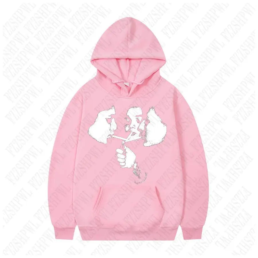 Pink hoodie with white graphic of two hands holding a cigarette sports hoodie retro fashion harajuku gothic design