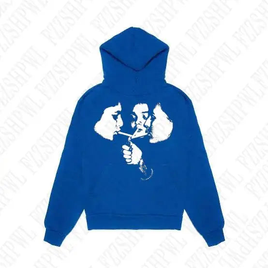 Royal blue sports hoodie retro featuring bold white graphic of two stylized faces sharing a cigarette for fashion harajuku gothic style
