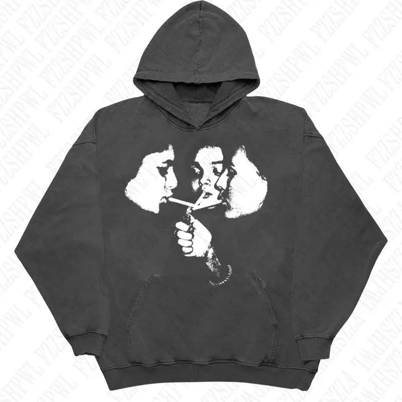 Black hoodie with white graphic print of three faces sharing a cigarette fashion harajuku gothic sports hoodie retro punk style