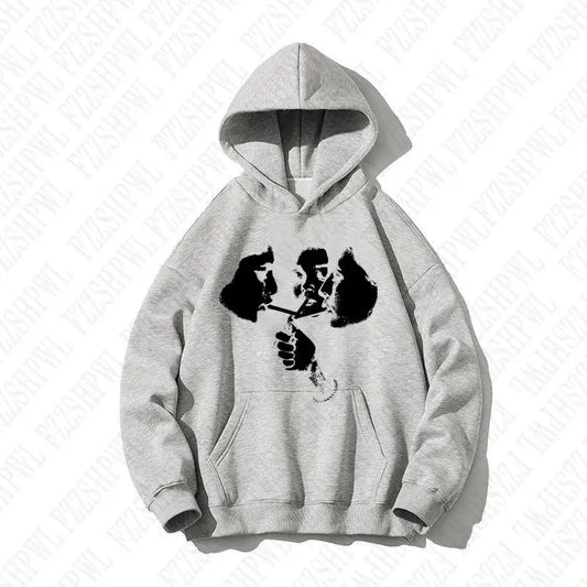 A heather gray sports hoodie retro with a bold black graphic of three stylized faces sharing a cigarette for fashion Harajuku gothic