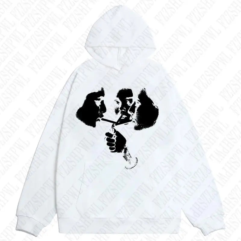 White hoodie retro punk with bold black graphic of three stylized faces sharing a cigarette fashion harajuku gothic sports hoodie retro