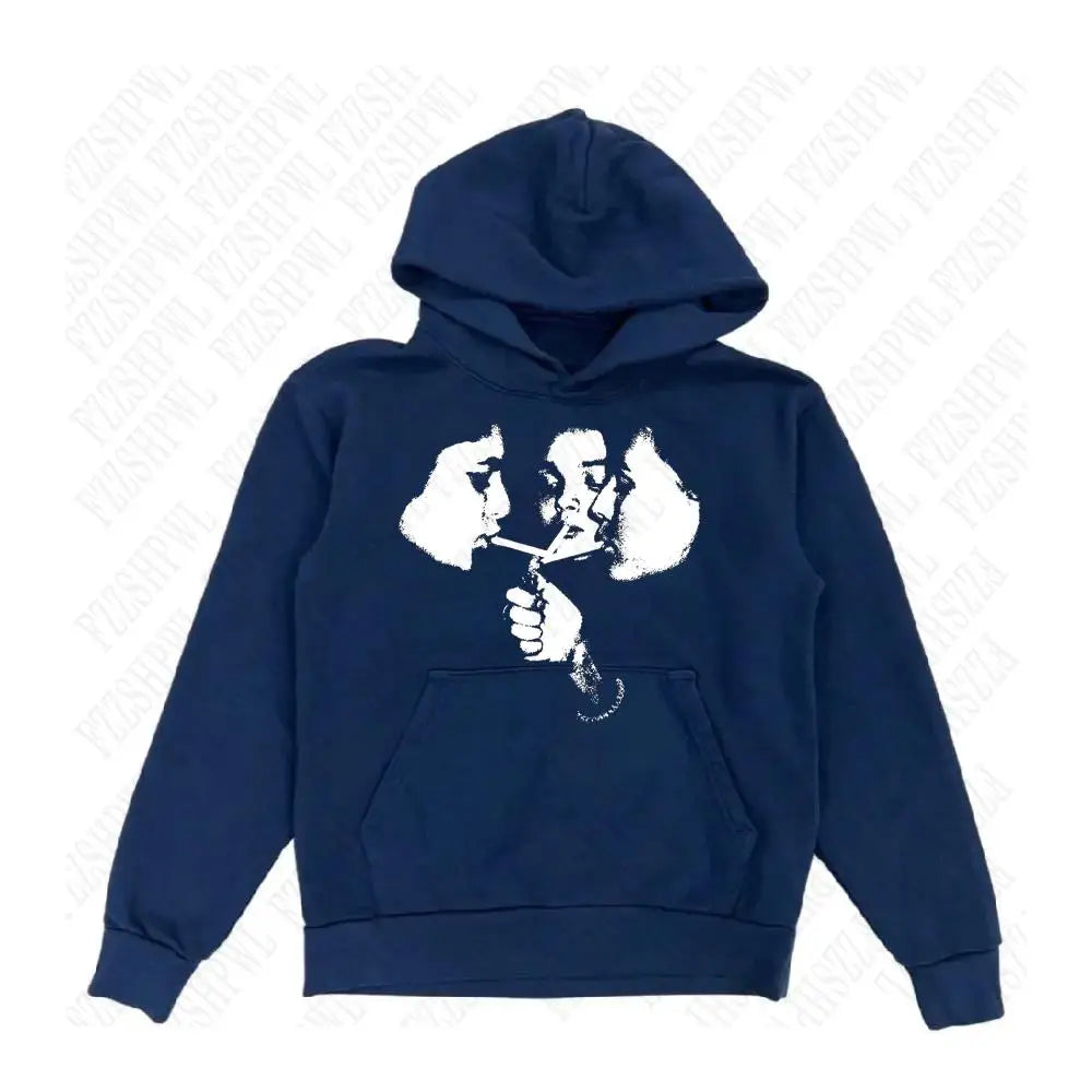 Navy blue sports hoodie retro with white graphic print of two faces sharing a cigarette fashion harajuku gothic style