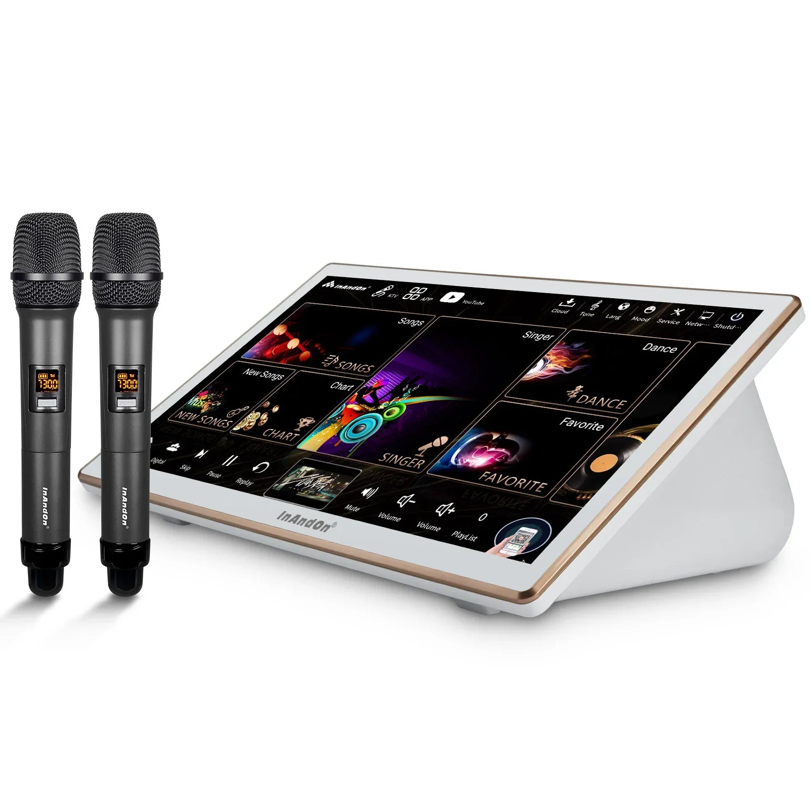 White and gold 2025 inandon ktv karaoke system with 18.5 inch capacitive touch screen 650k cloud song youtube and wireless microphones