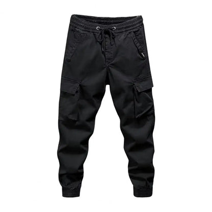 Black men cargo pants with elastic waistband drawstring multiple pockets tapered legs streetwear hip hop style