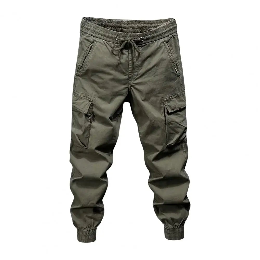 Olive green men cargo pants with elastic waistband and multiple pockets featuring cargo pants drawstring for streetwear hip hop style