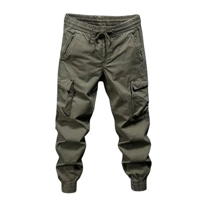 Olive green men cargo pants with elastic waistband and multiple pockets featuring cargo pants drawstring for streetwear hip hop style