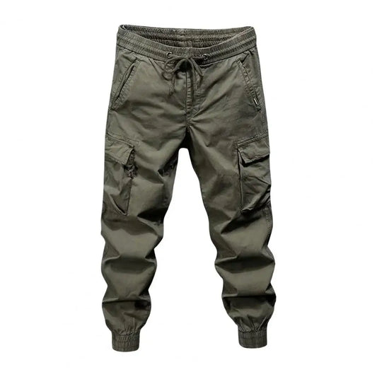 Olive green men cargo pants with elastic waistband and multiple pockets featuring cargo pants drawstring for streetwear hip hop style