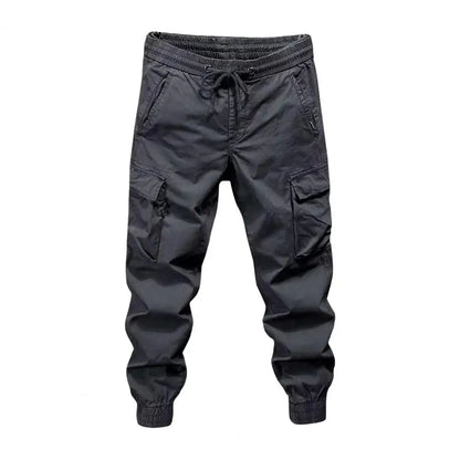 Black men cargo pants with elastic waistband drawstring multiple pockets tapered legs streetwear hip hop style
