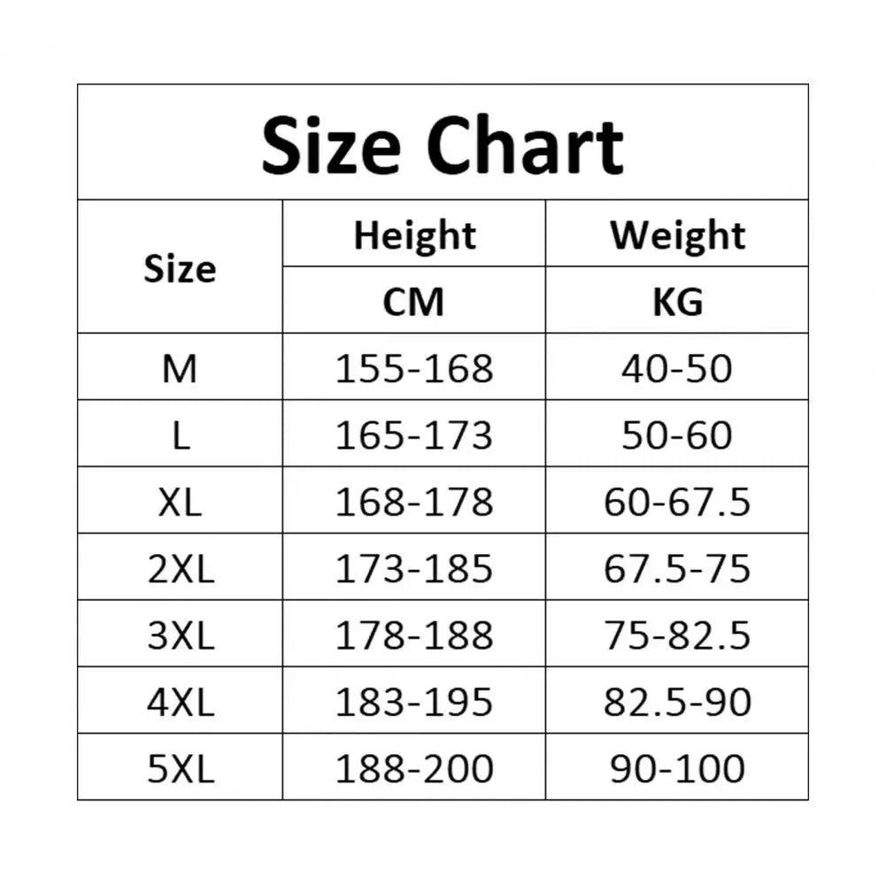Size chart table displaying height and weight ranges for men cargo pants drawstring in streetwear hip hop style from m to 5xl