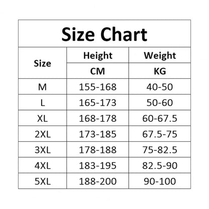 Size chart table displaying height and weight ranges for men cargo pants drawstring in streetwear hip hop style from m to 5xl