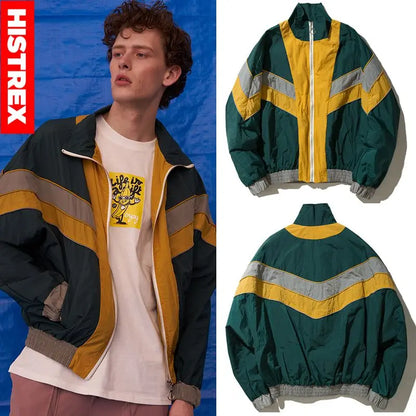 Histrex green and yellow hip hop jacket with reflective gray stripes windbreaker retro streetwear coat autumn Harajuku style