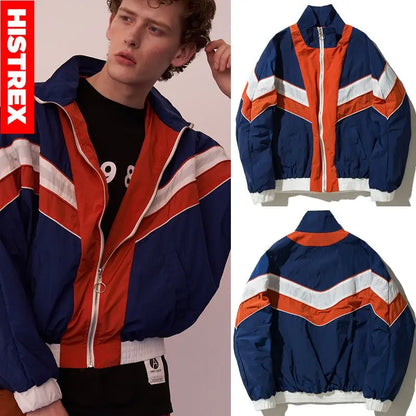 Blue orange and white color-blocked puffer hip hop jacket with high collar and zipper front for autumn harajuku style