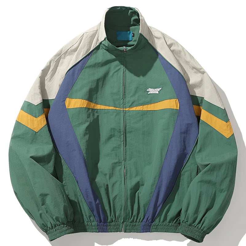 A vibrant green blue and beige hip hop jacket windbreaker retro streetwear with yellow chevron stripes on sleeves for autumn harajuku