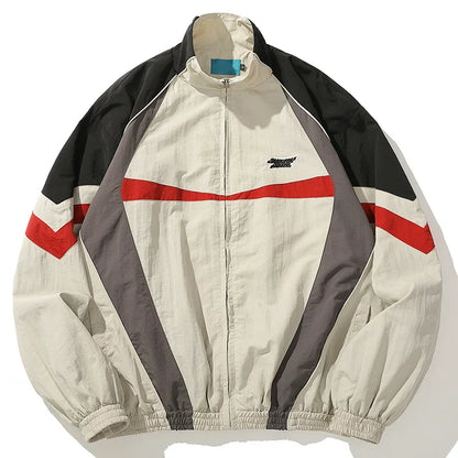 Cream-colored black and red panelled hip hop jacket windbreaker retro streetwear coat autumn harajuku with zipper front