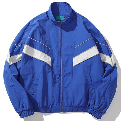 Vibrant royal blue hip hop jacket with bold white diagonal stripes high collar and elastic cuffs windbreaker retro streetwear