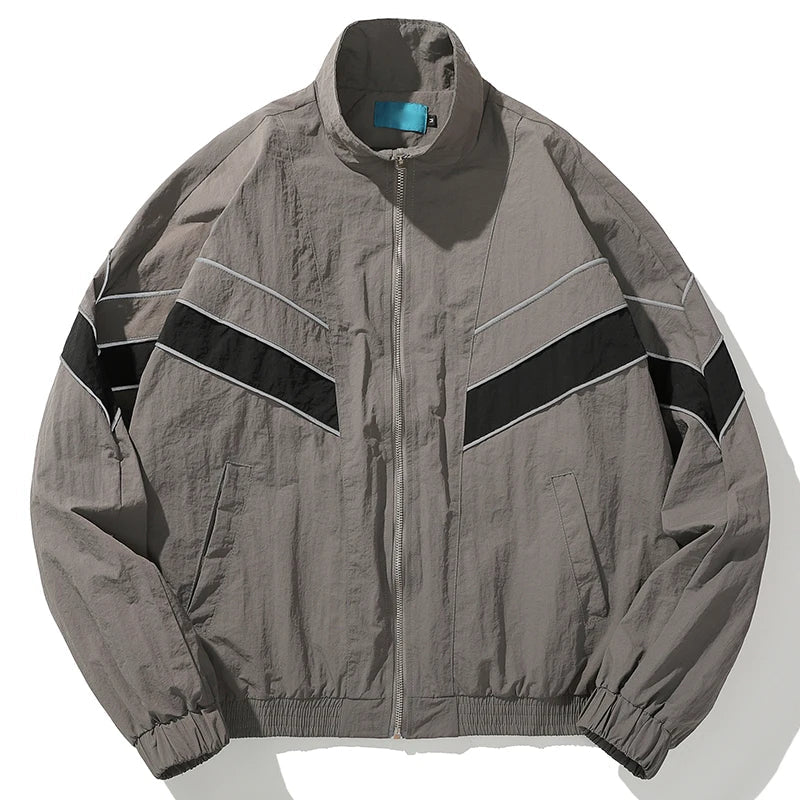Gray windbreaker hip hop jacket with black diagonal stripes and white piping for autumn harajuku streetwear coat