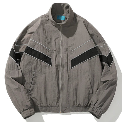 Gray windbreaker hip hop jacket with black diagonal stripes and white piping for autumn harajuku streetwear coat