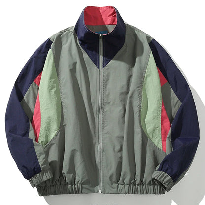 Color-blocked hip hop jacket windbreaker retro streetwear coat autumn harajuku with gray, navy, lime, and red accents