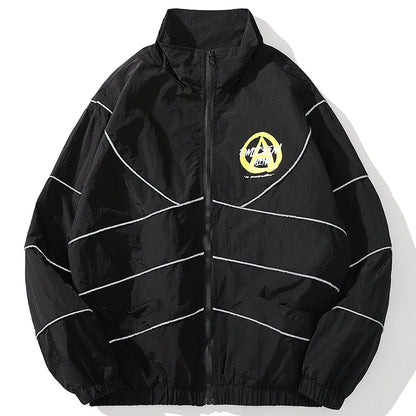 Black nylon windbreaker hip hop jacket with white geometric stitching and yellow logo for autumn harajuku streetwear